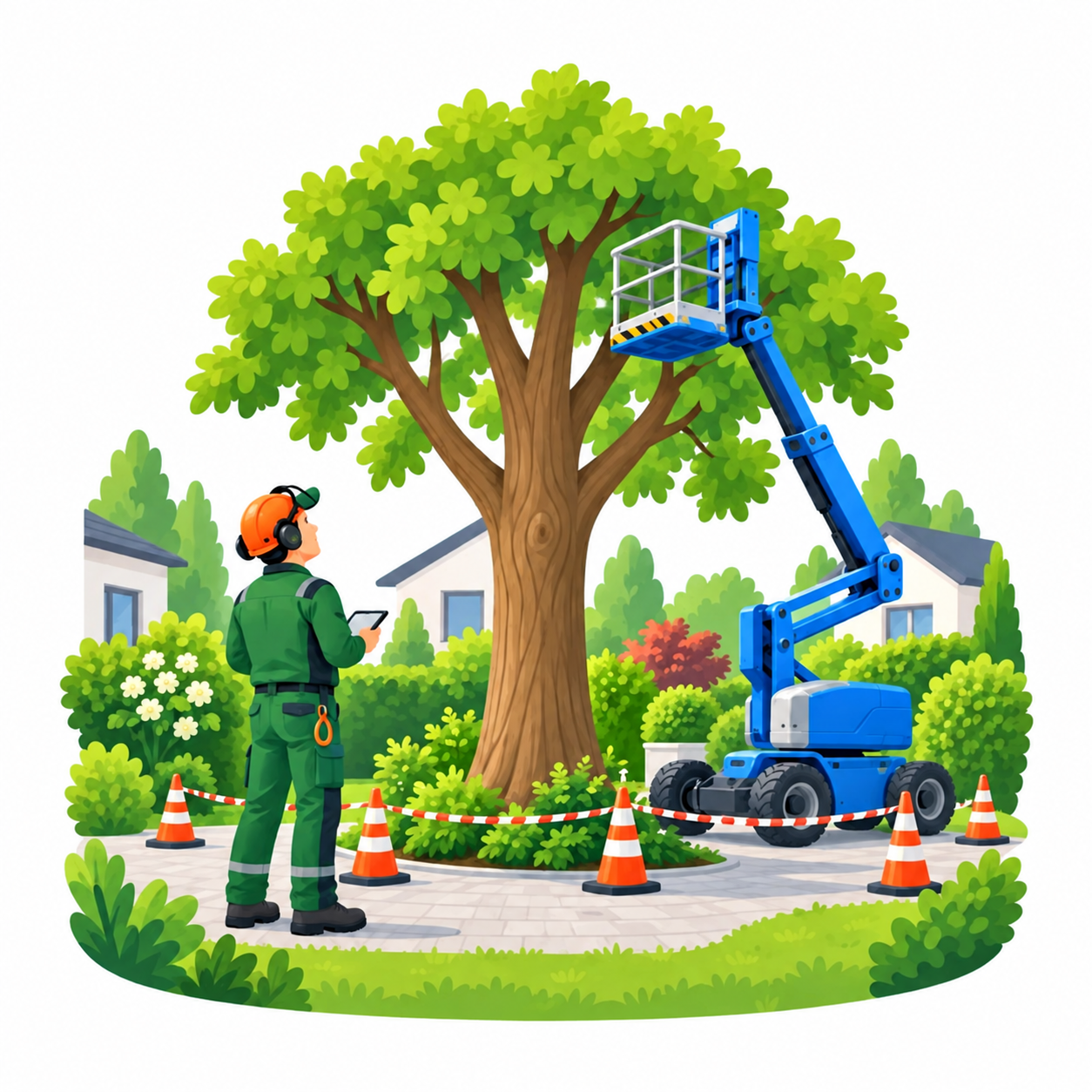 Illustration einer abgesicherten Arbeitsstelle an einem Stadtbaum mit Hubarbeitsbühne