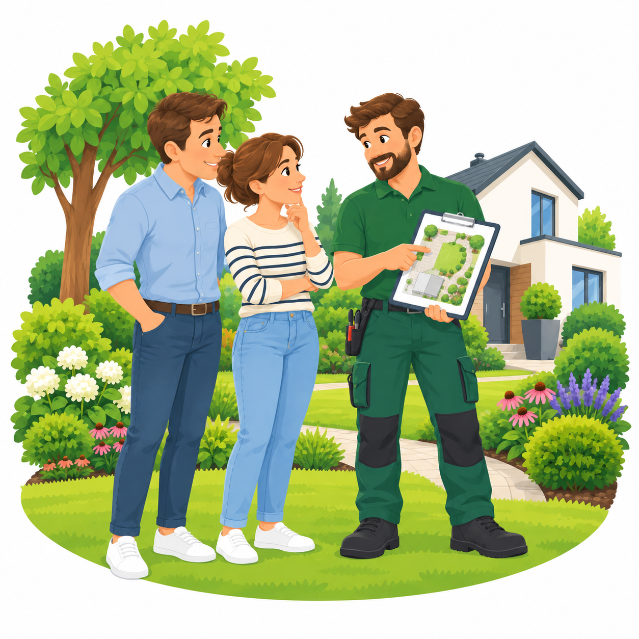 Illustration eines Gärtners bei der persönlichen Gartenberatung mit einem Eigentümerpaar