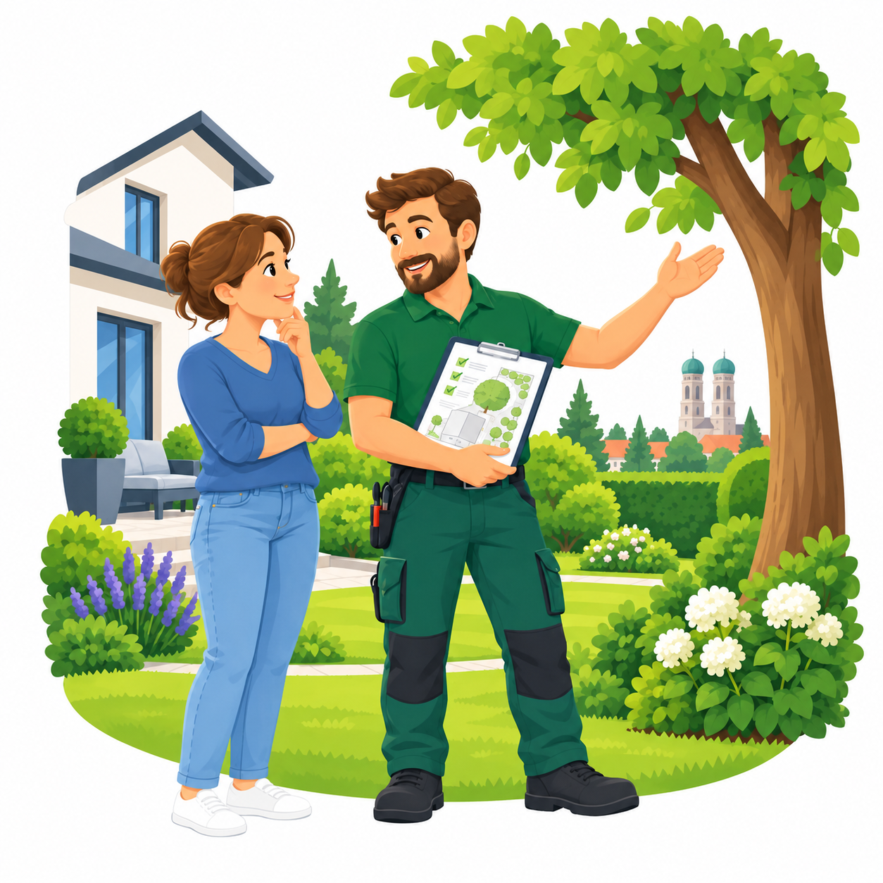 Illustration einer Beratung mit Grundstückseigentümerin und Gärtner neben einem Baum