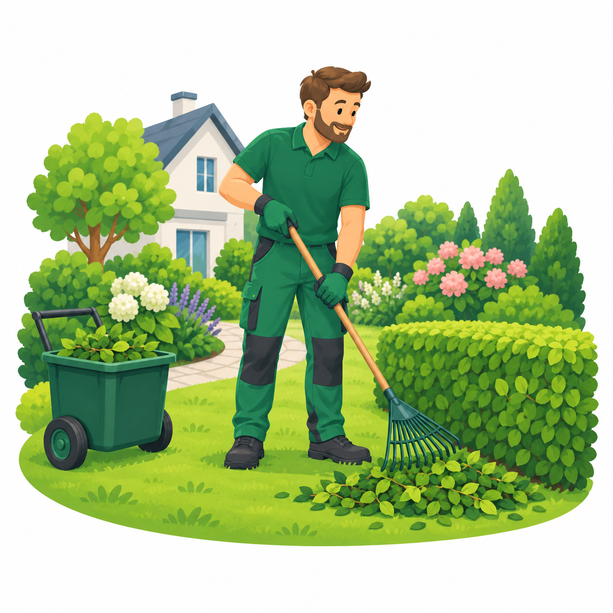 Illustration eines Gärtners beim sorgfältigen Zusammenrechen von Heckenschnitt im gepflegten Garten