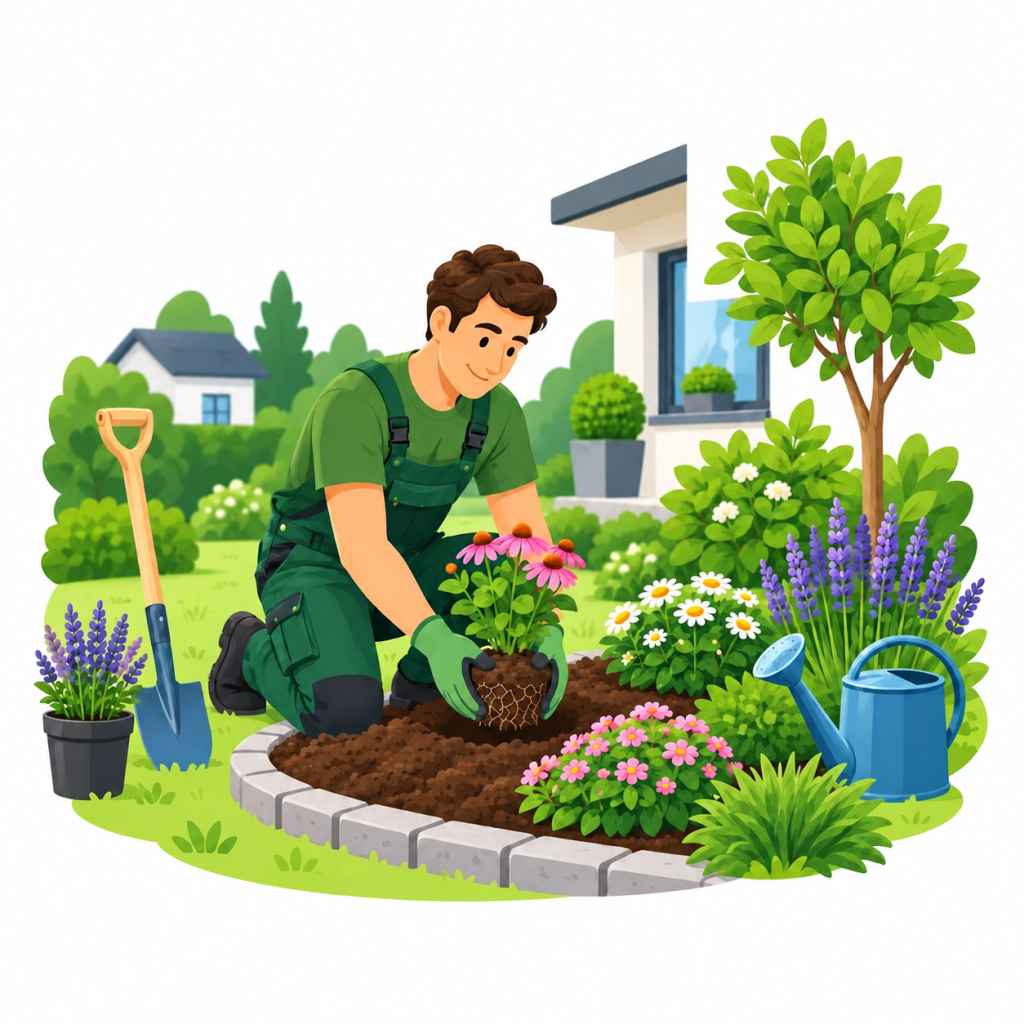 Illustration eines Gärtners beim Einpflanzen blühender Stauden im Garten