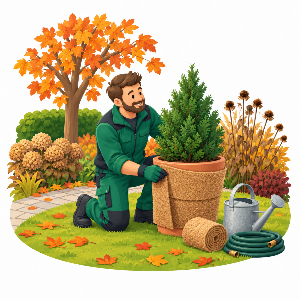 Illustration eines Gärtners beim Schutz einer Kübelpflanze im herbstlichen Garten