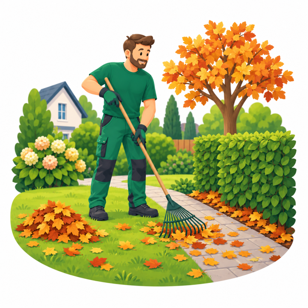Illustration eines Gärtners beim Laubrechen neben einer Hecke mit Laubmulch