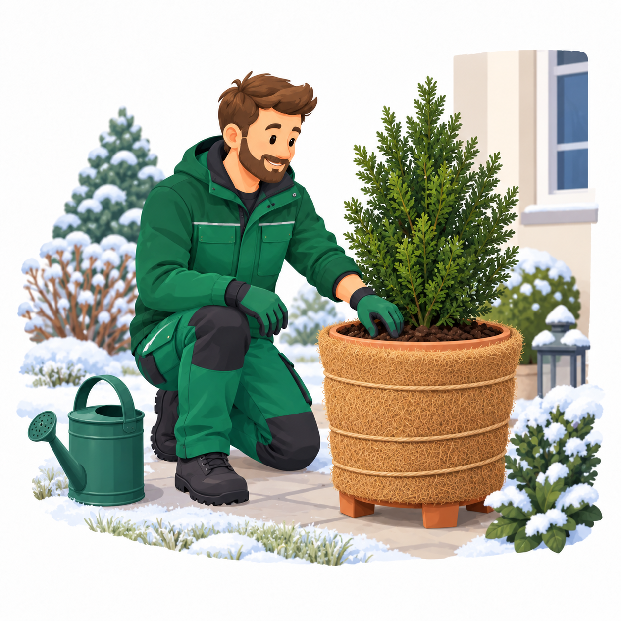 Illustration eines Gärtners bei der Feuchteprüfung eines geschützten Pflanzkübels im Winter