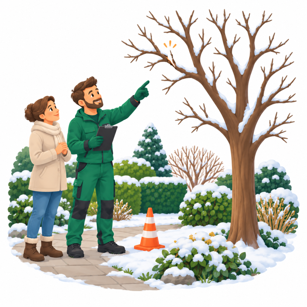 Illustration einer Baumbeobachtung nach Schnee aus Abstand zum betroffenen Baum