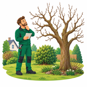 Illustration eines Gärtners bei der Planung der schonenden Pflege eines alten Apfelbaums