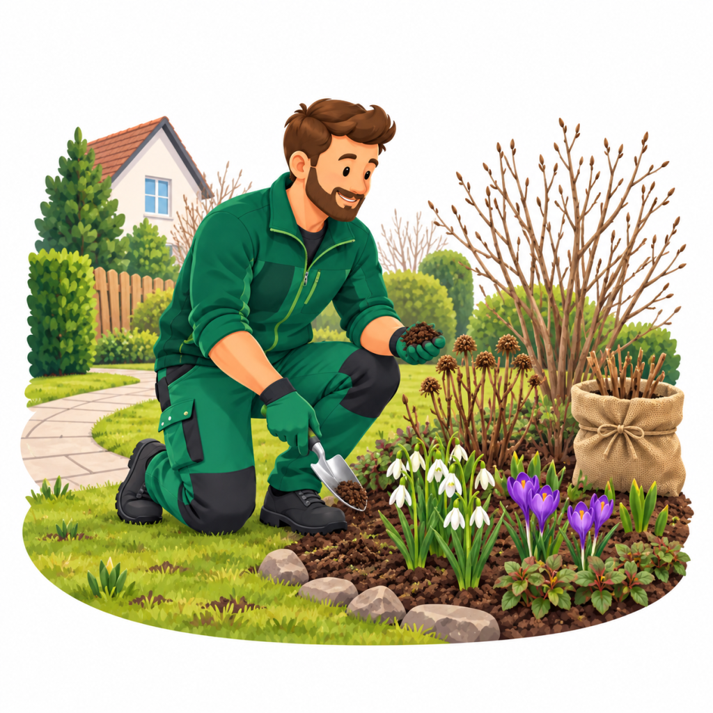 Illustration eines Gärtners bei der Bodenprüfung zwischen Frühblühern im Garten