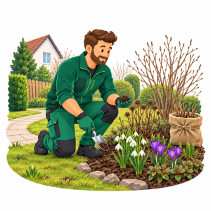 Illustration eines Gärtners bei der Bodenprüfung zwischen Frühblühern im Garten