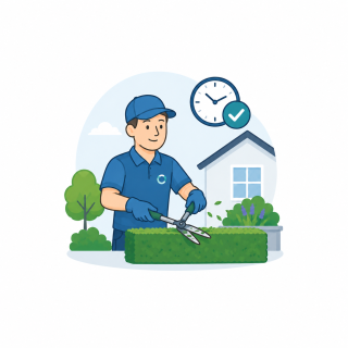 Gärtner beim Heckenschnitt mit Uhr-Symbol – pünktliche Gartenpflege