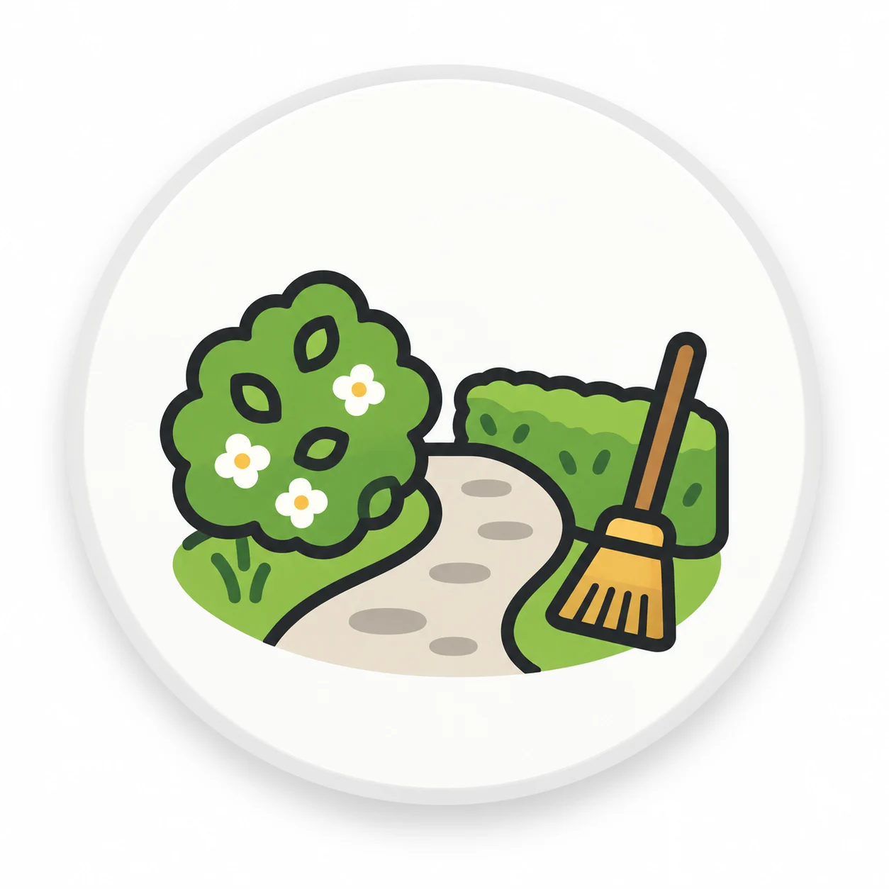 Icon Außenanlagenpflege – gepflegter Gartenweg mit Hecke, Strauch und Besen