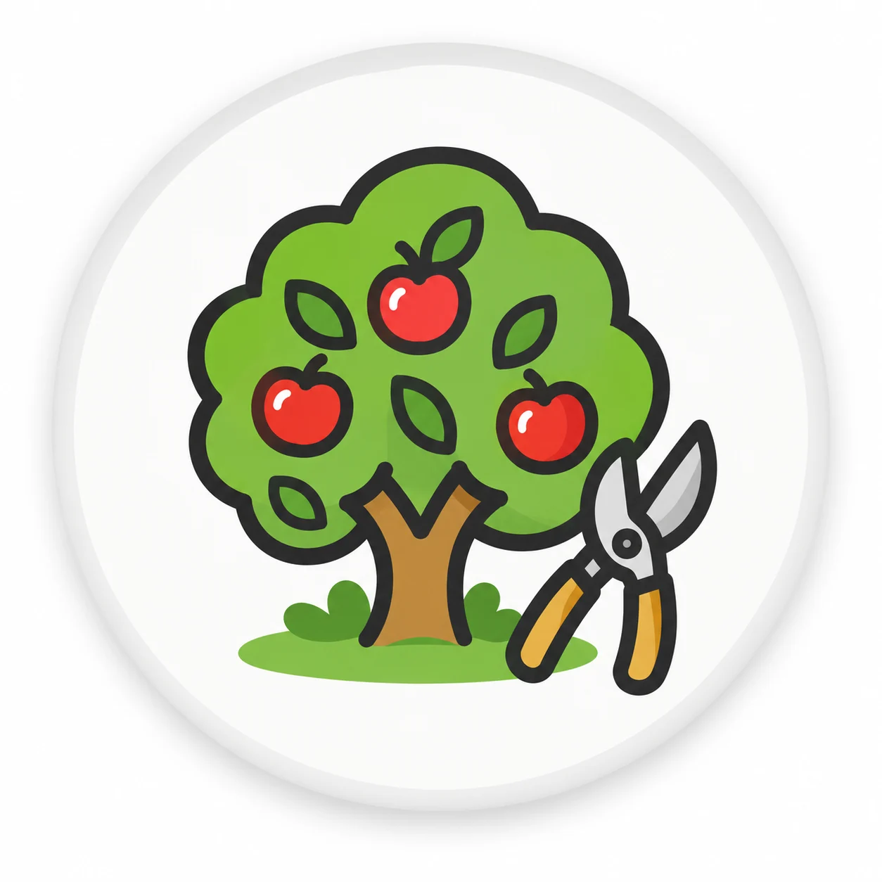 Icon Obstbaumschnitt – Apfelbaum mit drei roten Äpfeln und Gartenschere